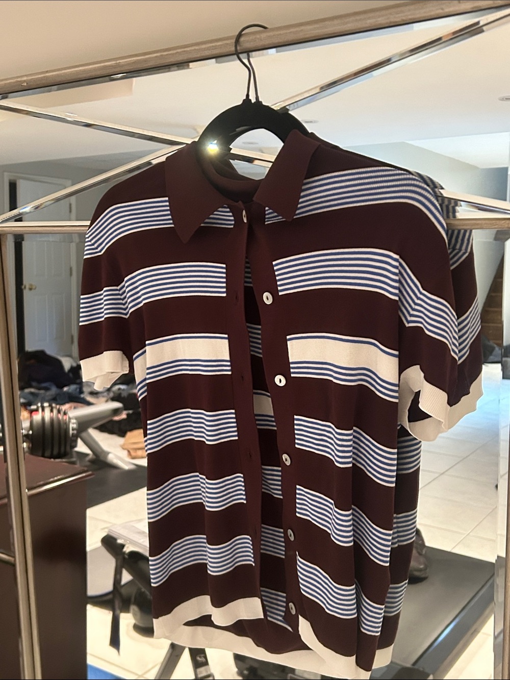 Zara Burgundy, Cream & Blue Striped Short-Sleeve Polo